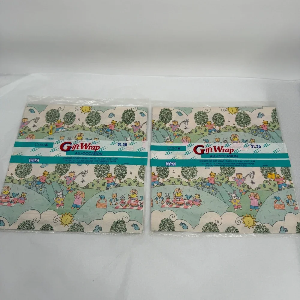 Cleo Gift Wrap Wrapping Paper Sheets Pastel Animal Kids Picnic VTG Lot of 2